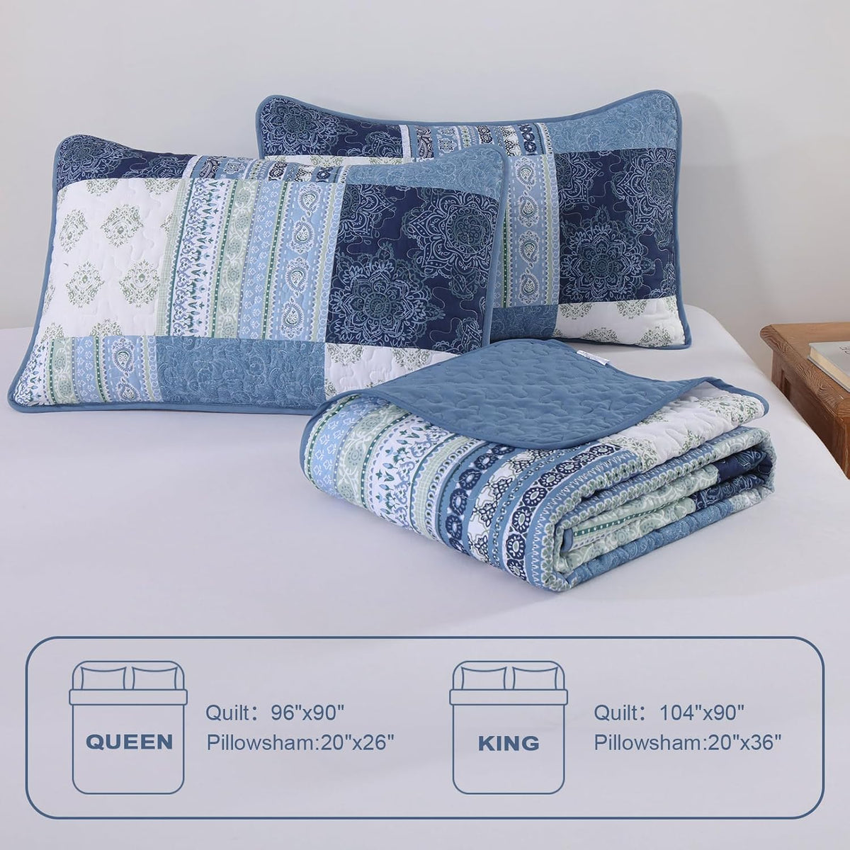dintszyayue patchwork blue quilt set king size,3 pieces on a desk or shelf