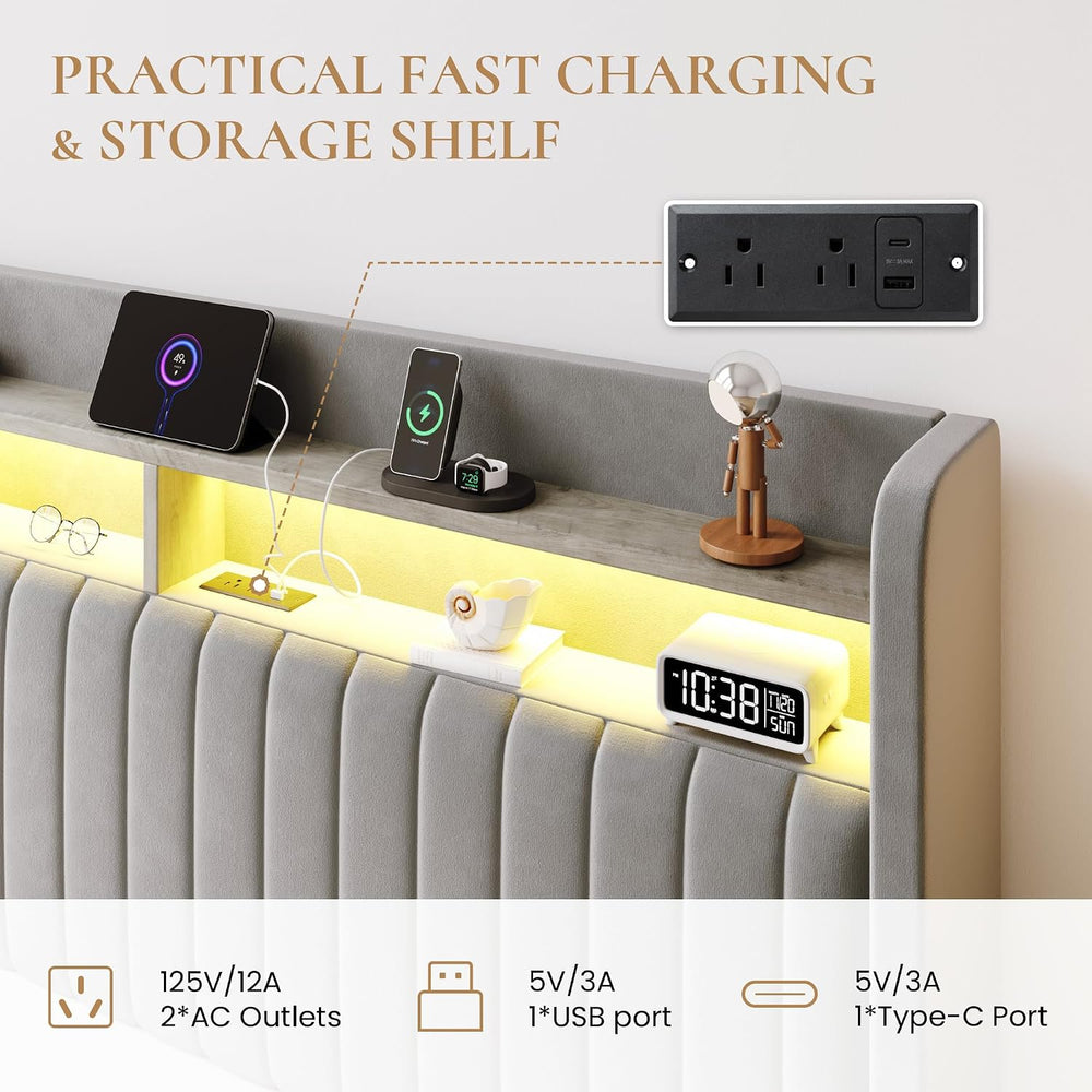 SHA CERLIN Full Size LED Lift Up Storage Bed Frame Charging Station, Grey
