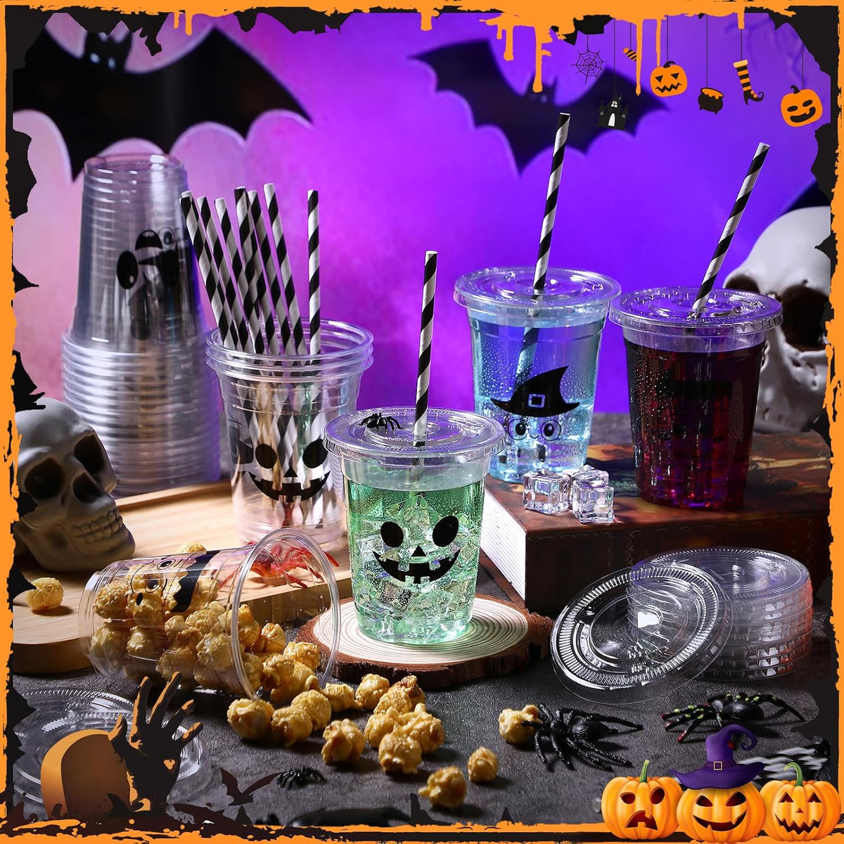 12oz Halloween Disposable Plastic Cups with Lids and Straws