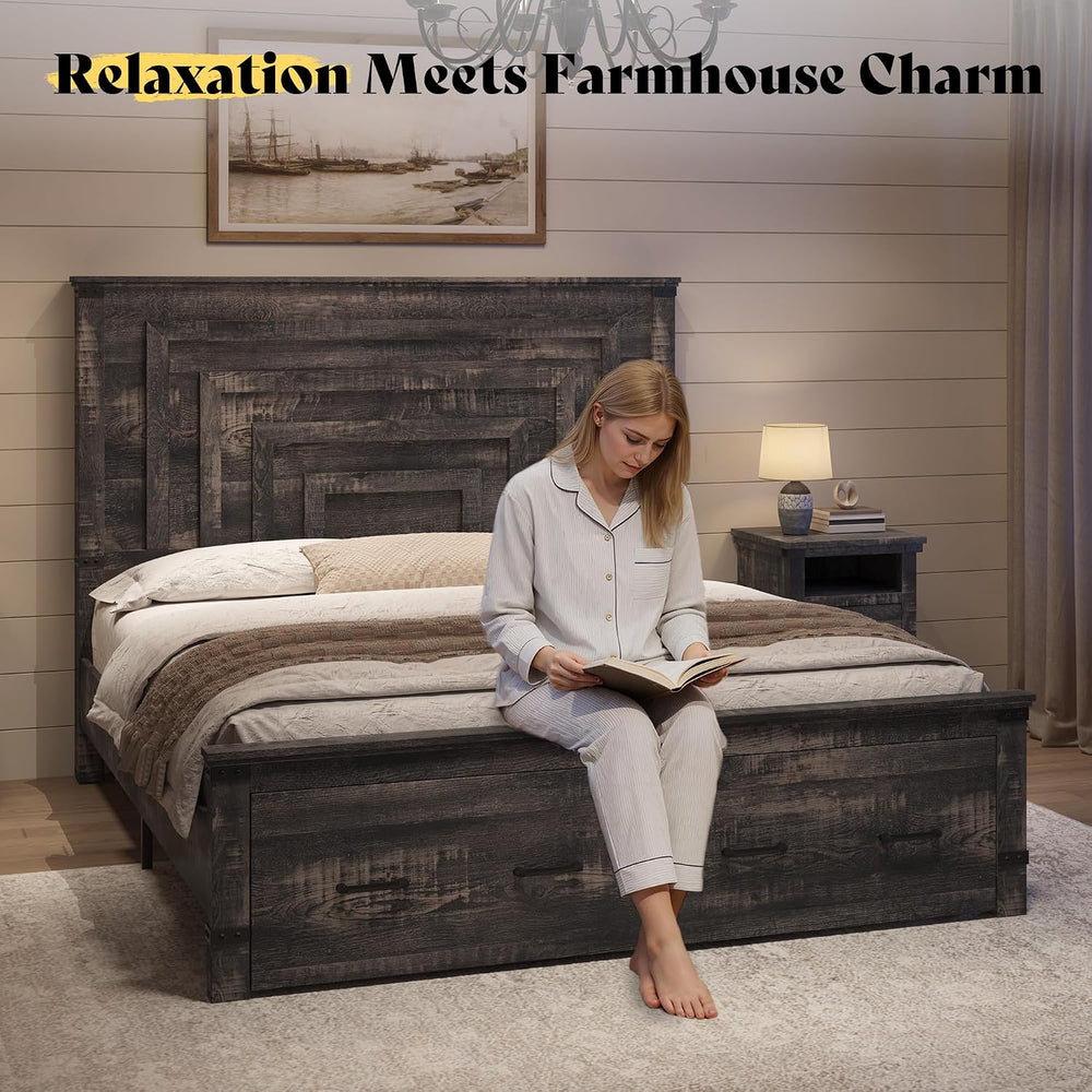 AMERLIFE Full Bed Frame with 54" Headboard & Storage, Black Oak