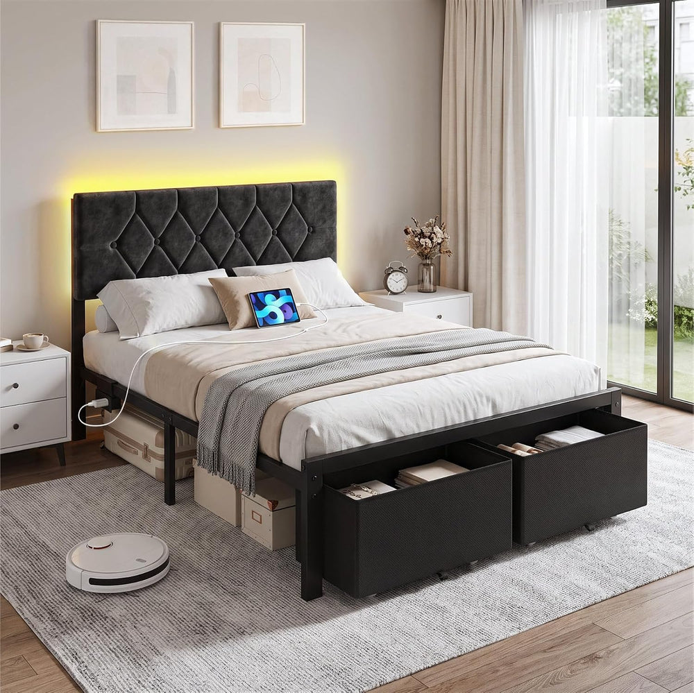 Full Size Bed Frame with 2 Storage Drawers & Upholstered Headboard