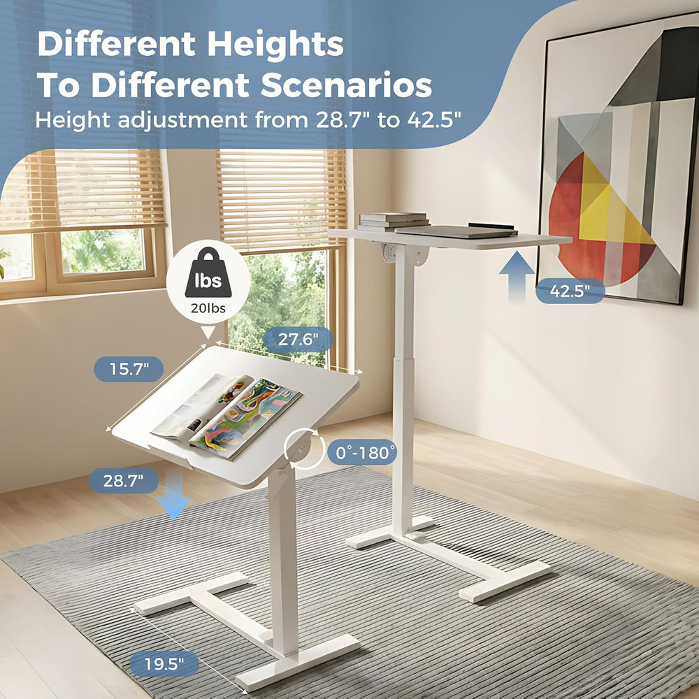 DUMOS Overbed Table with Wheels, Height-Adjustable Bedside Table, White