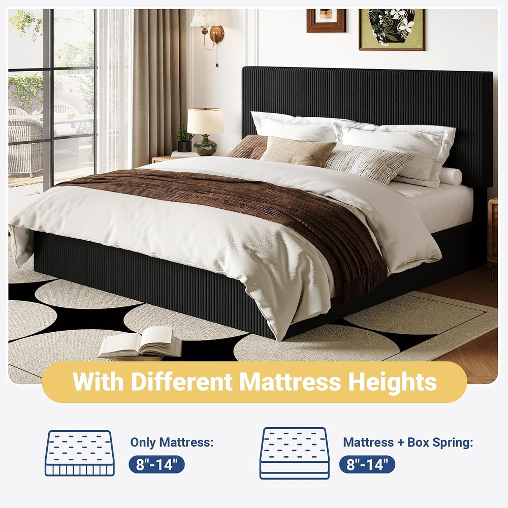 Allewie King Bed Frame, Adjustable Corduroy Headboard, Platform, Black