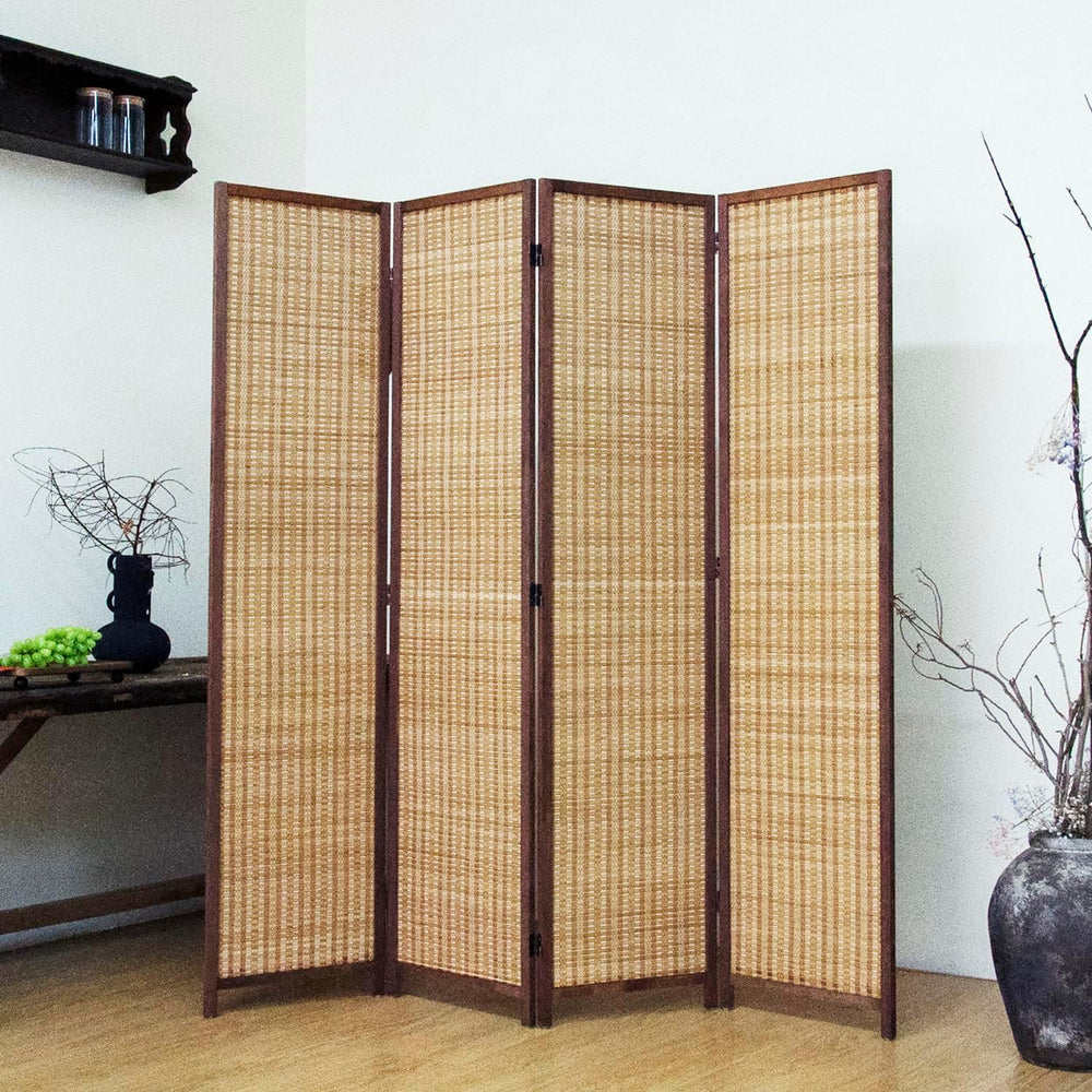 4 Panel Bamboo Room Divider - 5.6 ft Tall Brown Folding Privacy Screen, Doubl...