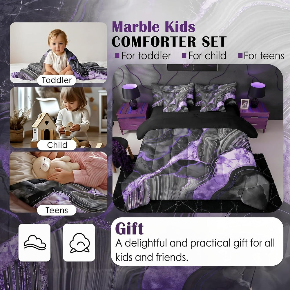 Erosebridal Black Grey Marble 7 Pcs Comforter Set, Purple Marbling Queen