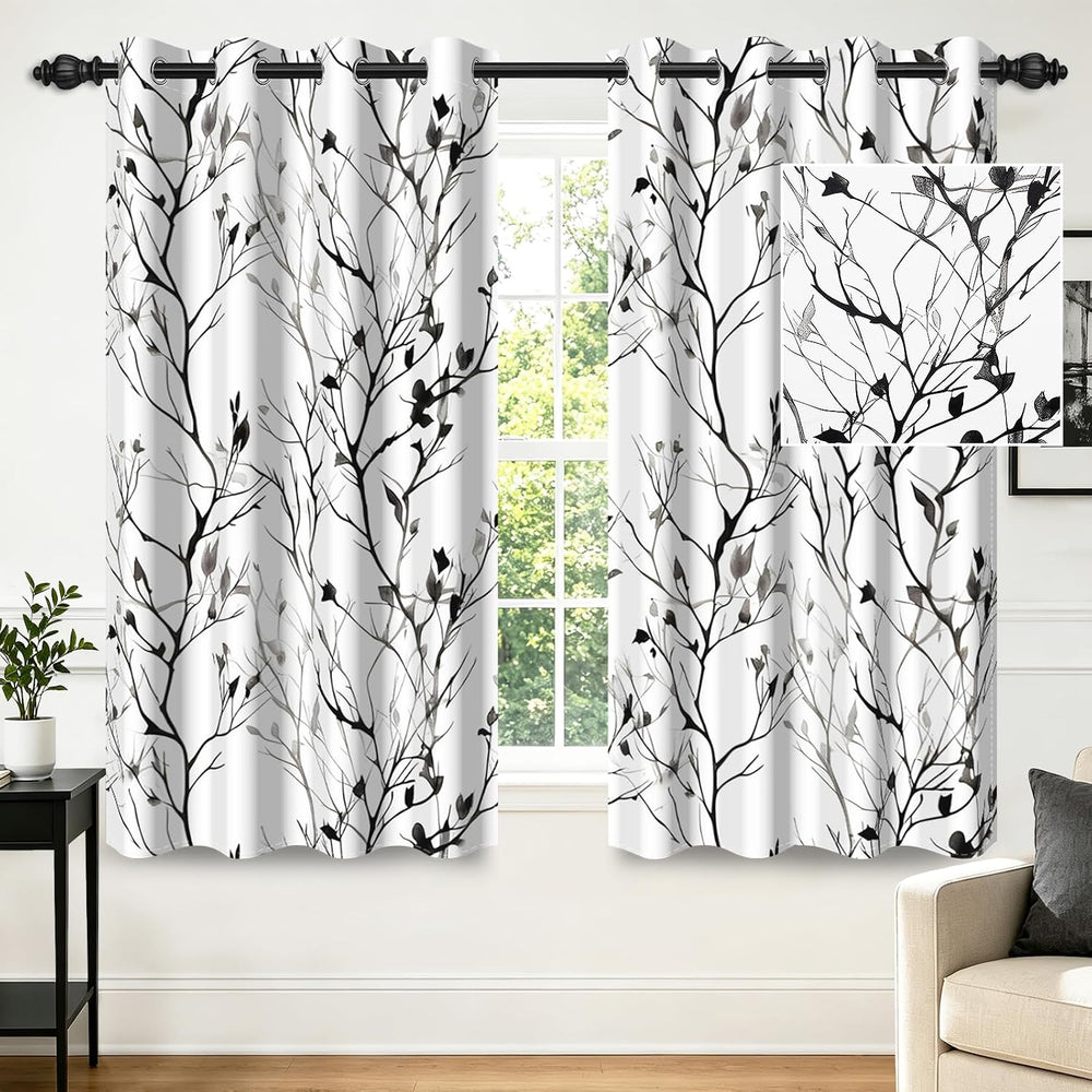 Grey Watercolor Branchs Room Darkening Curtains 63 Inches Length Black White ...