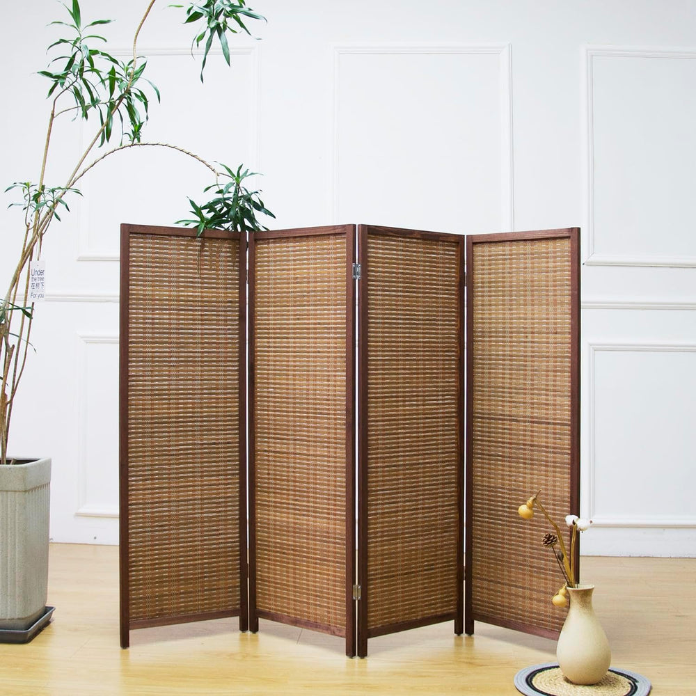Furnnylane 4 Panel Short Room Divider Screen,Brown Freestanding Partition,Sma...