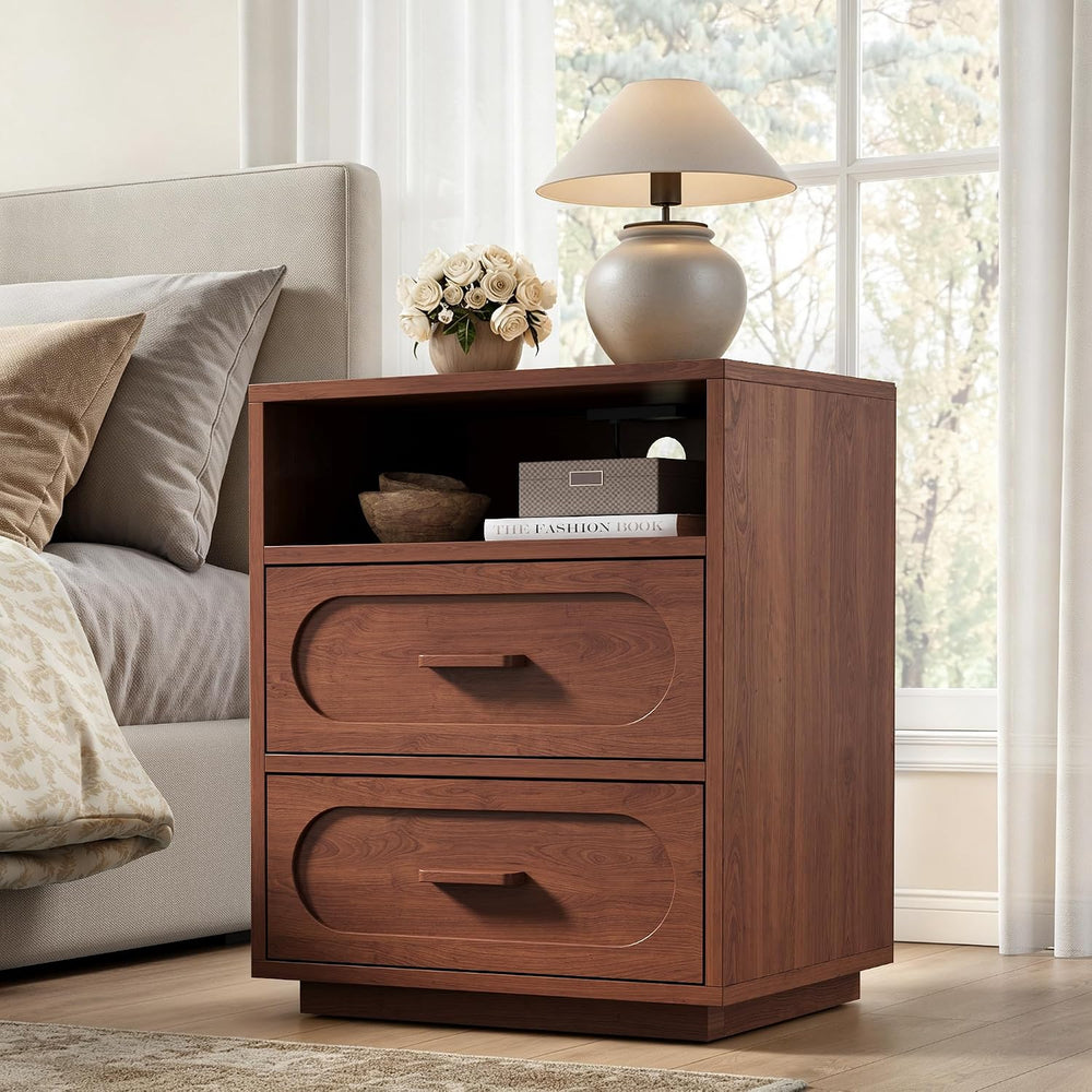 YANSNWO 25.8" Tall 2-Drawer Nightstand with Charging Station, Walnut