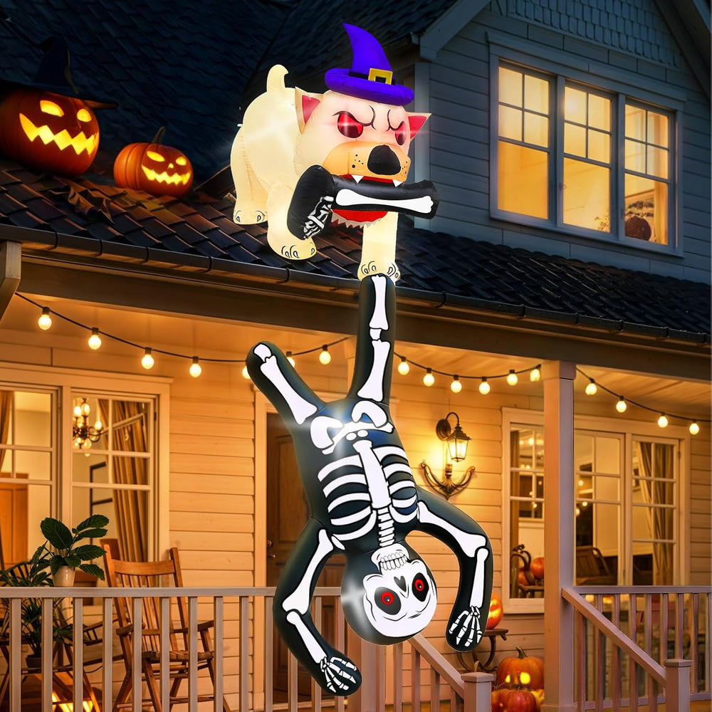 8FT LED Lighted Up Halloween Inflatables Dog Pulling Skeleton Blow Ups