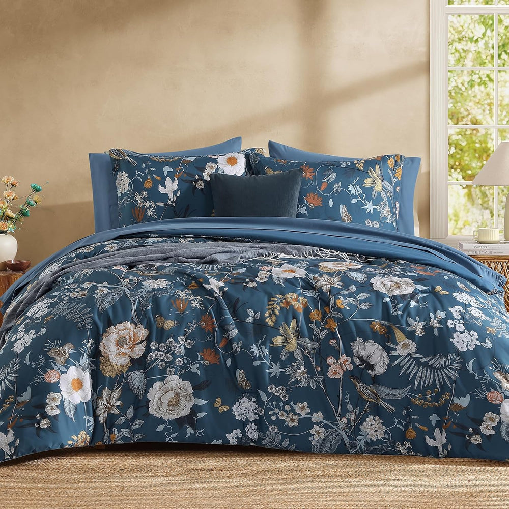 Full Size Comforter Sets-7 Pieces Blue Floral Bed in a Bag Full Bedding Set