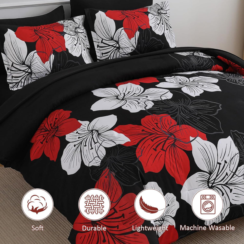 Luxudecor Red Black Comforter Set Queen Size, 7 Pieces Floral Bed in a Bag