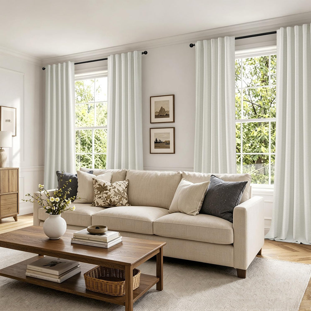 MIULEE Linen Textured 100% Blackout Curtains Drapes White Backing 96" Long