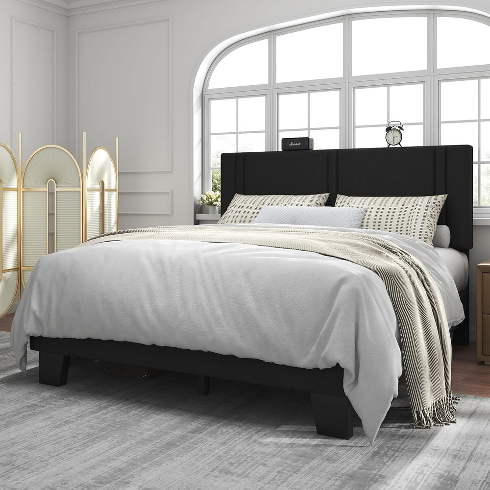 Feonase Queen Platform Bed Frame, Fabric Upholstered Queen Bed Frame, Solid W...
