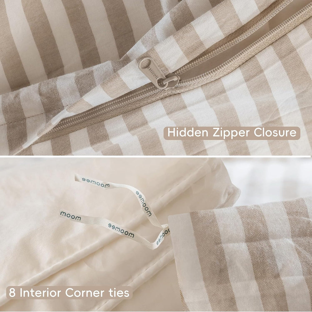 MooMee Striped Duvet Cover Set 100% Washed Cotton Linen Like King