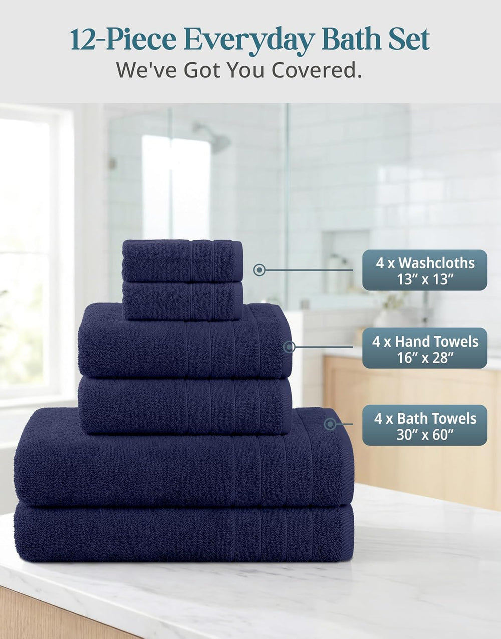 Casa Platino Bathroom Towel Set 12 Piece Soft Absorbent Quick Dry - Navy