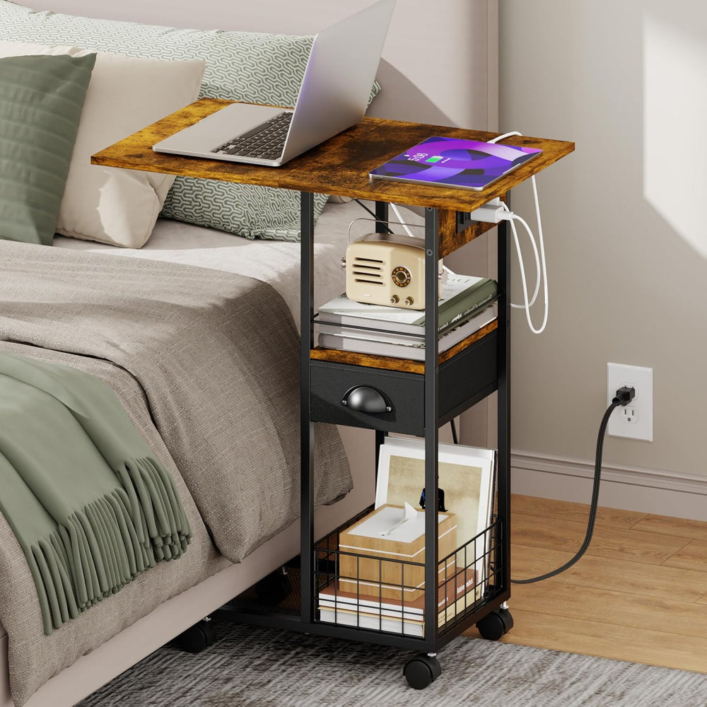Rolling Side Table, TV Trays, C Table with Charging Station, Storage Drawer