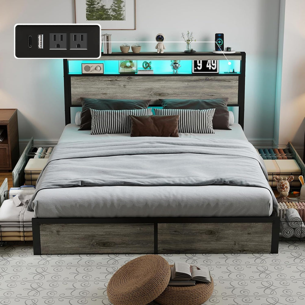 Full Size Bed Frame with LED Light Headboard and 4 Storage Drawers