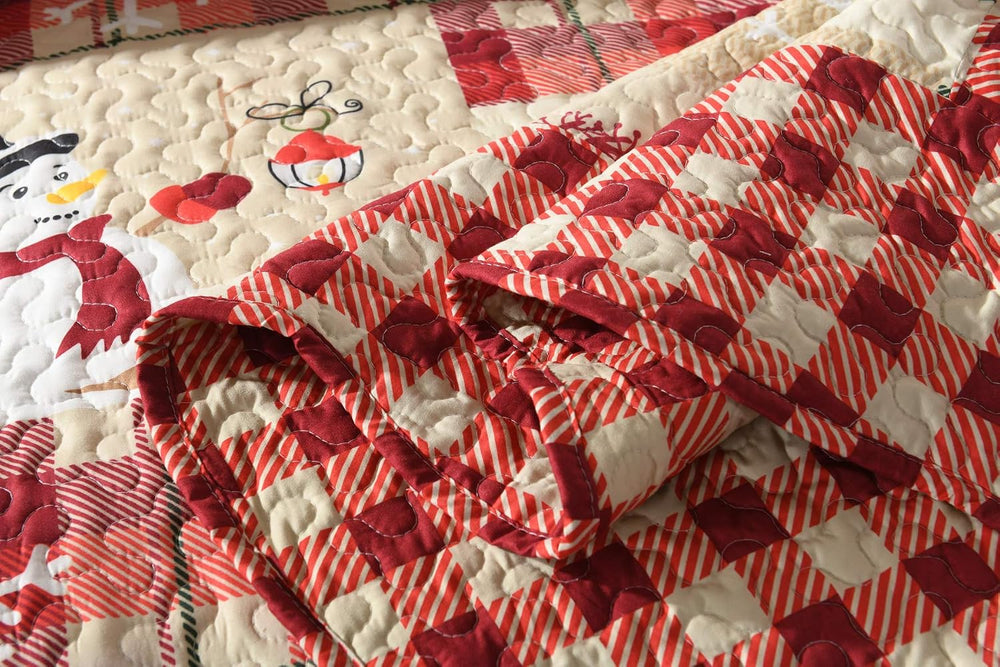 MarCielo Christmas Reindeer Plaid Quilt Set Red Patchwork Bedding Bedspread