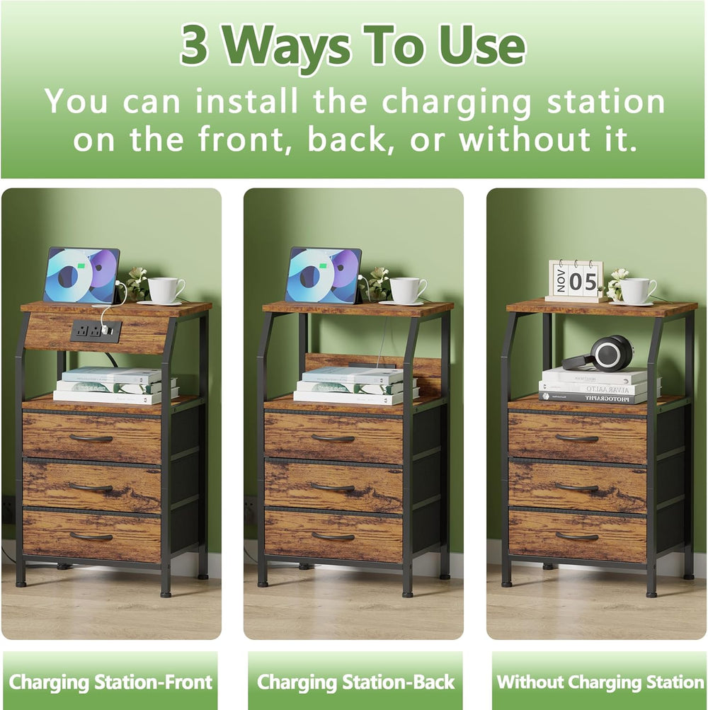 Furnulem Night Stand with Charging Station, 3 Fabric Drawers Bedside Table