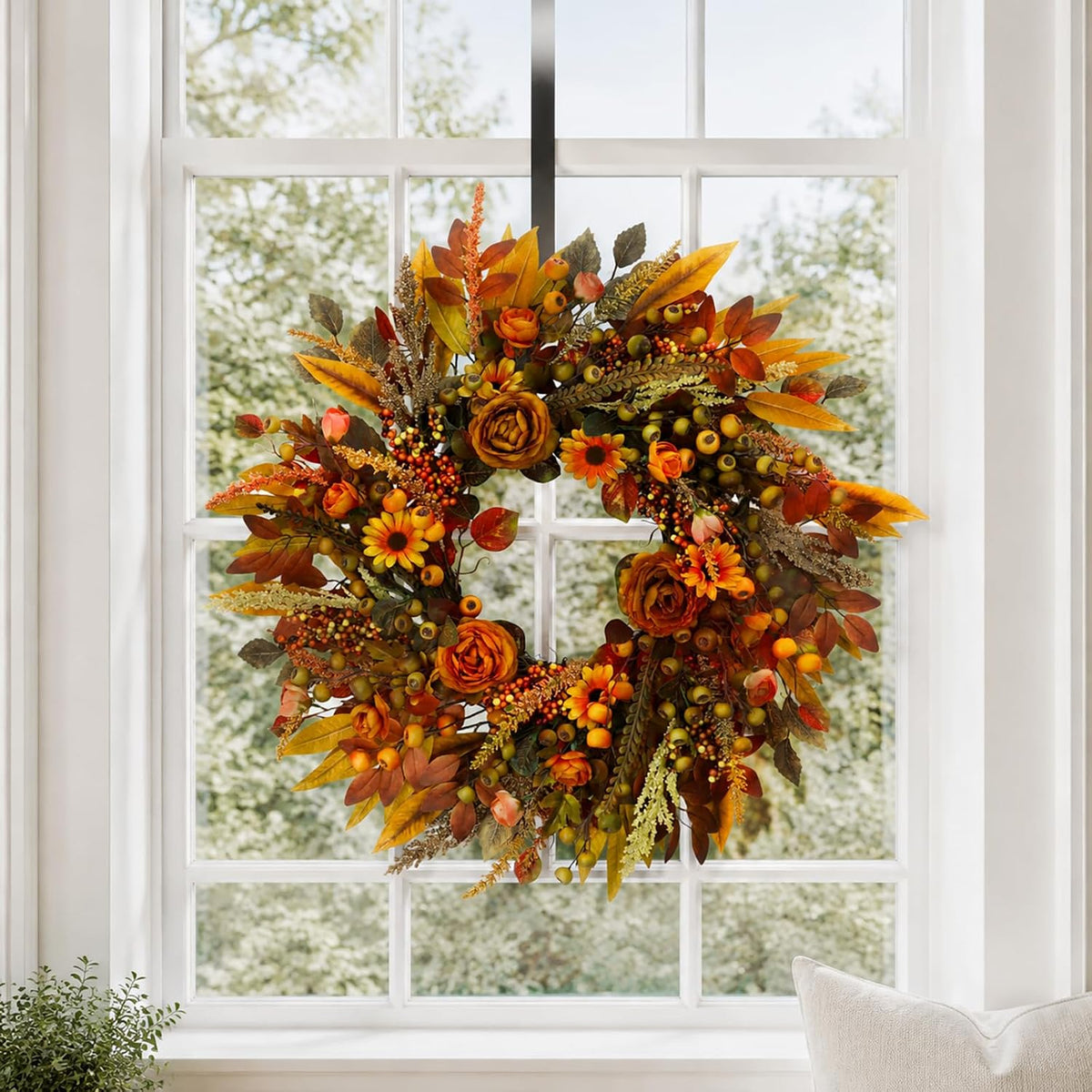 Fall Wreath for Front Door 26 Inch, Autumn Harvest Wreath Sunflowers Roses Acorns Berries, Thanksgiving Halloween Farmhouse Rustic Grapevine Twig Decor