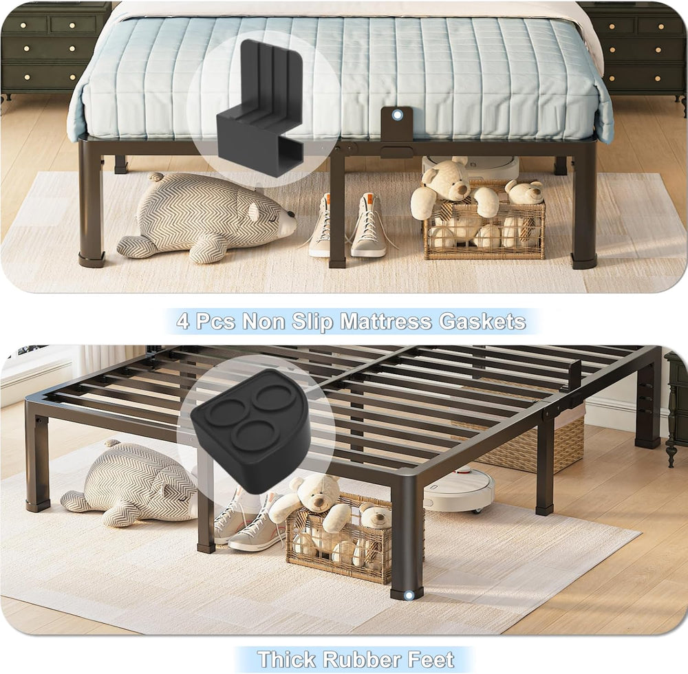 18 inch Queen Bed Frame with Round Corner Legs and Headboard Hole Mattress Sl...