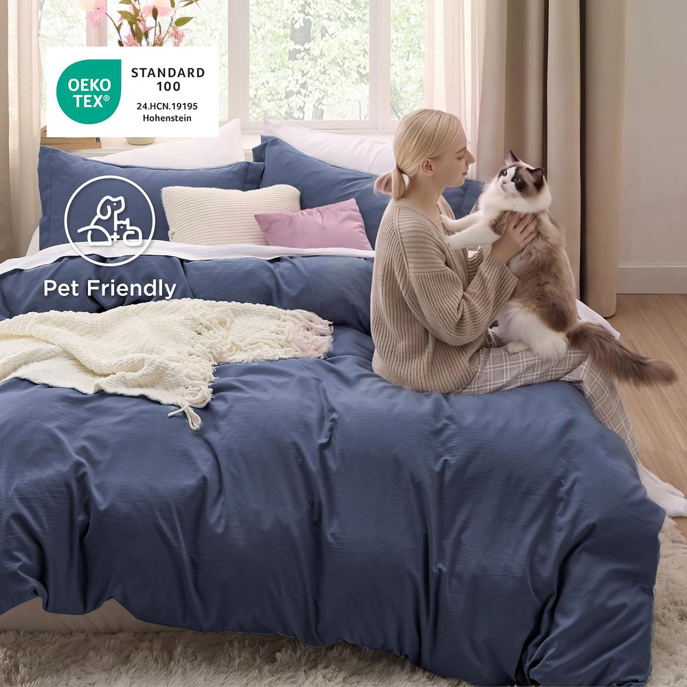 Bedsure Prewashed Duvet Cover Queen, Cotton-Like Soft Bedding Set, Navy