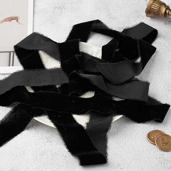 Black Velvet Ribbon 1.5 Inch Black Frayed Silk Velvet Ribbon Rustic Christmas - Image 6