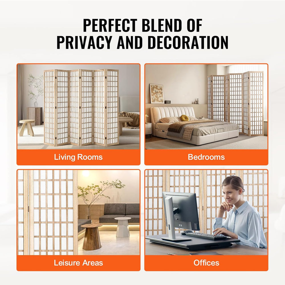 VEVOR Room Divider, 6 Panel Japanese Room Divider, Wood Folding Privacy Scree...