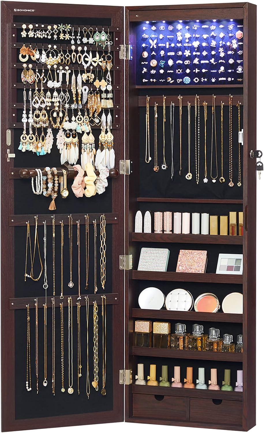 SONGMICS 6 LEDs Mirror Jewelry Cabinet, 47.2-Inch Tall, Lockable