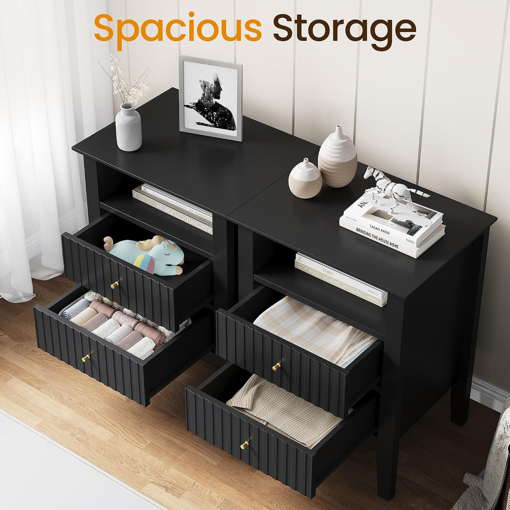 RoyalCraft Black Fluted Nightstand Set of 2, Colorful Nightstand with 2 Drawe...