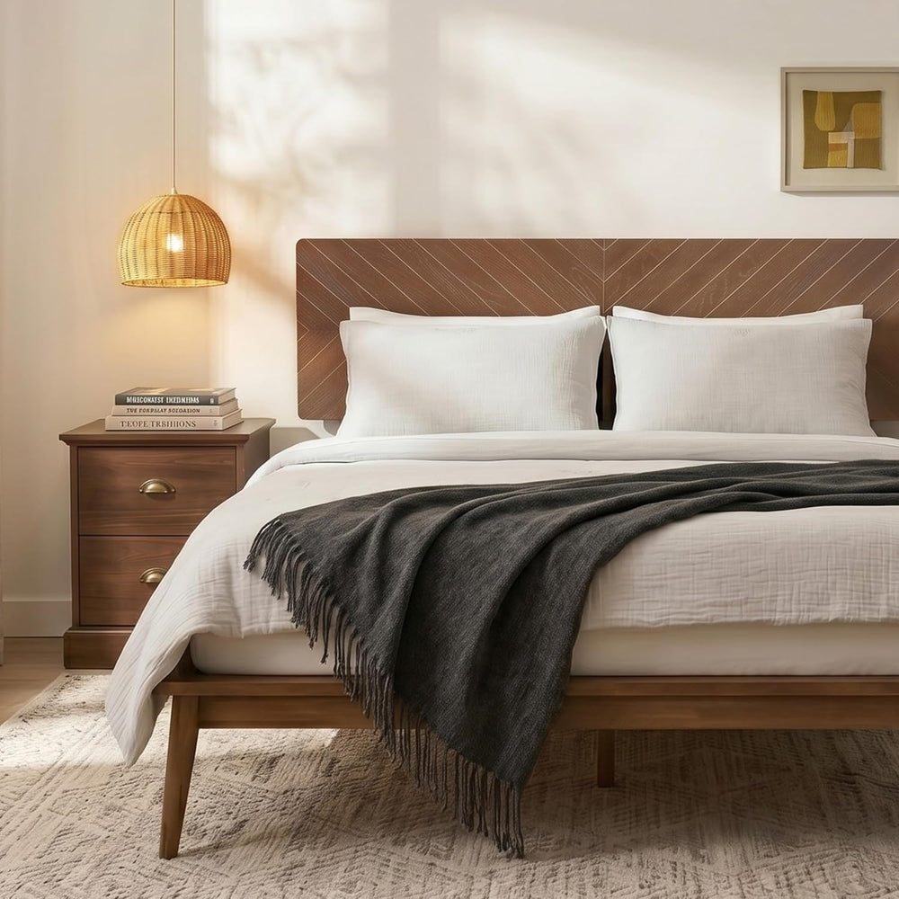 Loki Solid Wood Platform Bed King, Chevron Headboard, Walnut