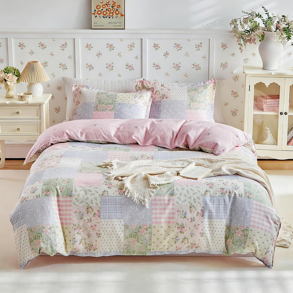 Joyreap 3pcs Twin Size Cotton Duvet Cover Set for Girls, Colorful Flowers Gri...