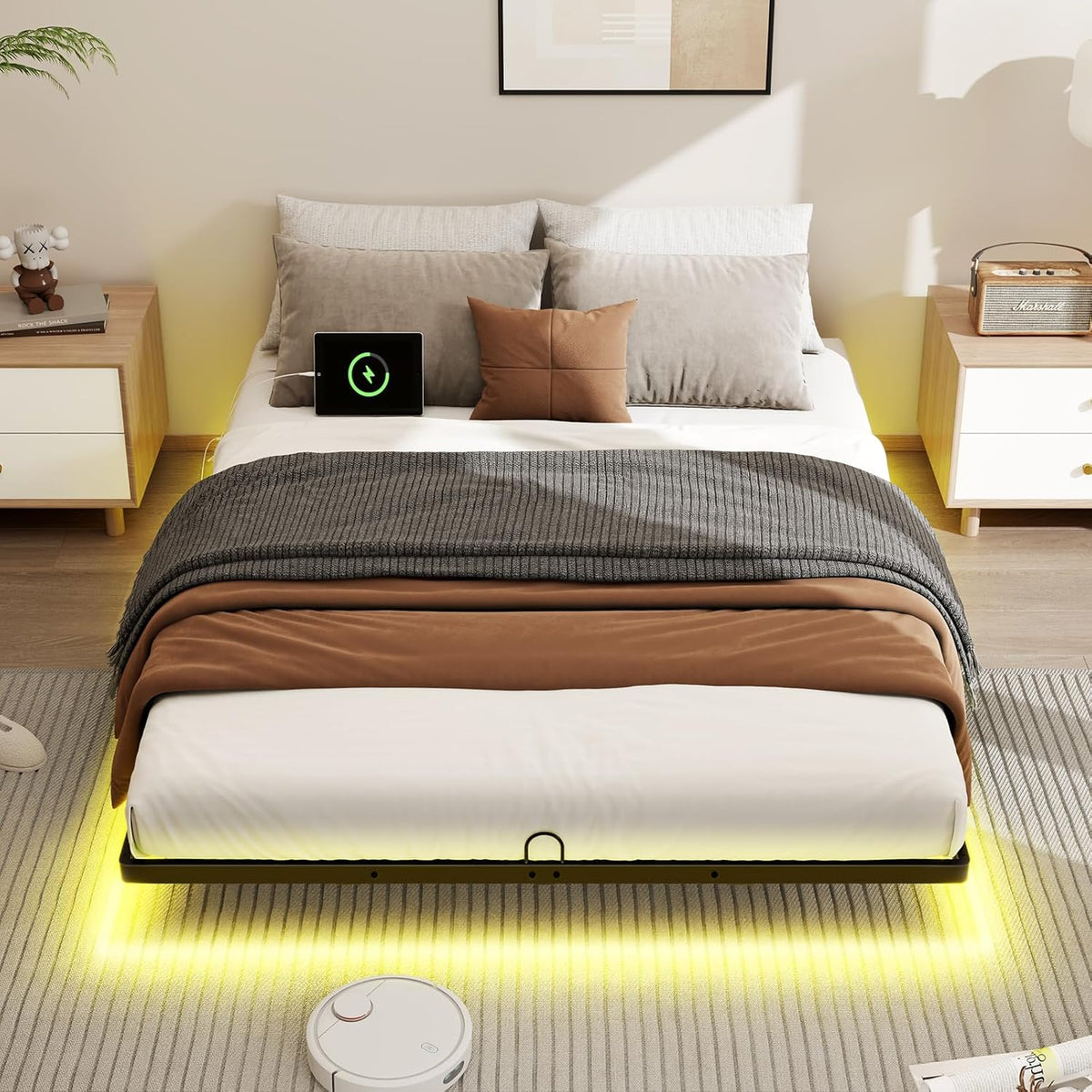 queen size floating metal bed frame with smart, front angle view