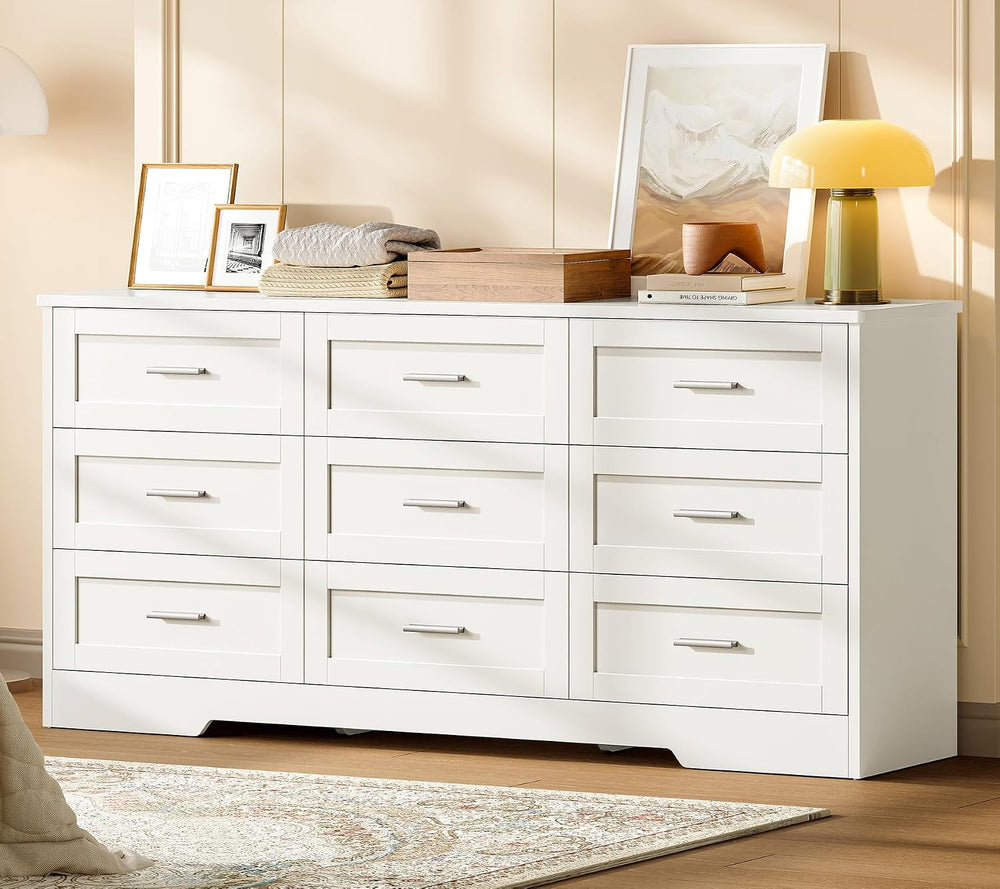 TEENFON 57.1"W White Dresser for Bedroom, Modern 9 Drawer Dresser with M...