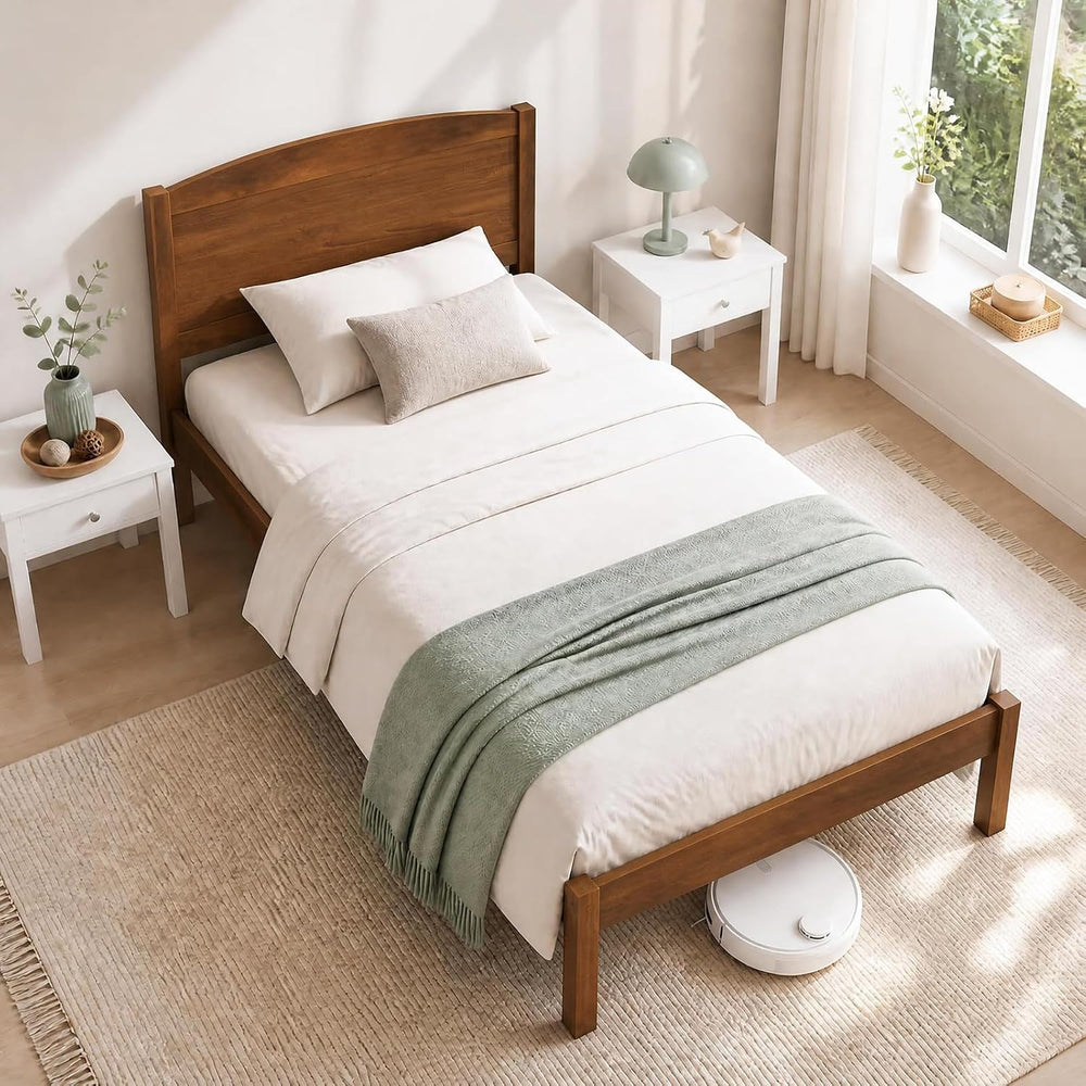 KOMFOTT Twin Size Bed Frame, Wooden Platform Bed with Curved Headboard