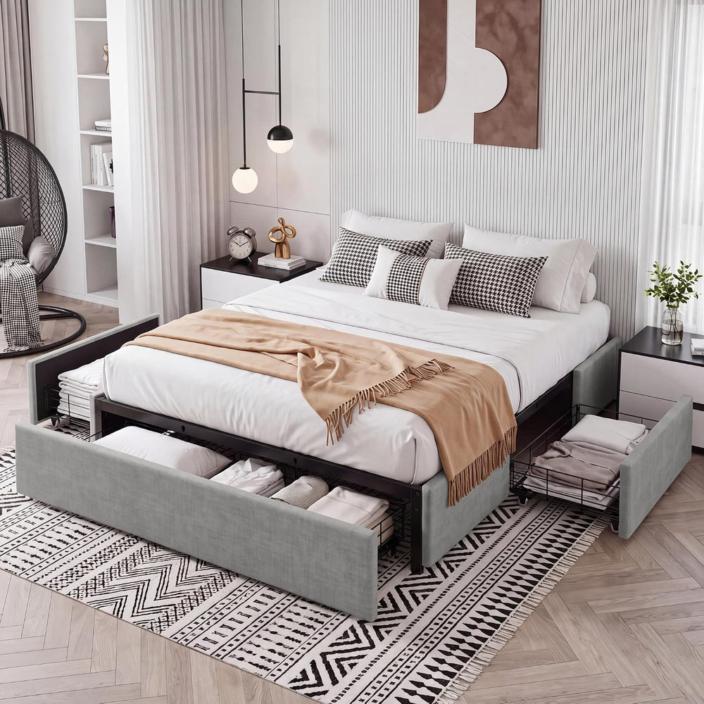 Garvee Queen Size Bed Frame with 3 Underbed Storage Drawers Light Gray