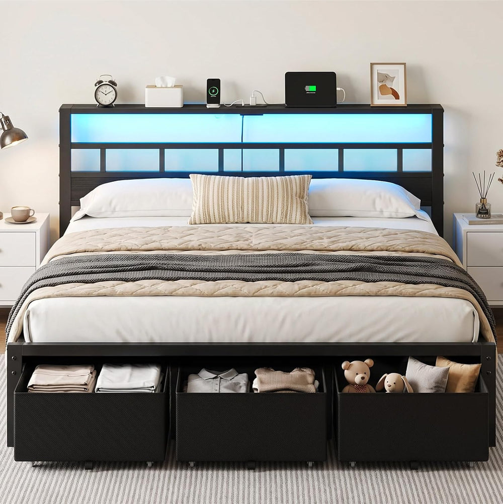 King Size Bed Frame with 3 Storage Drawers & Headboard