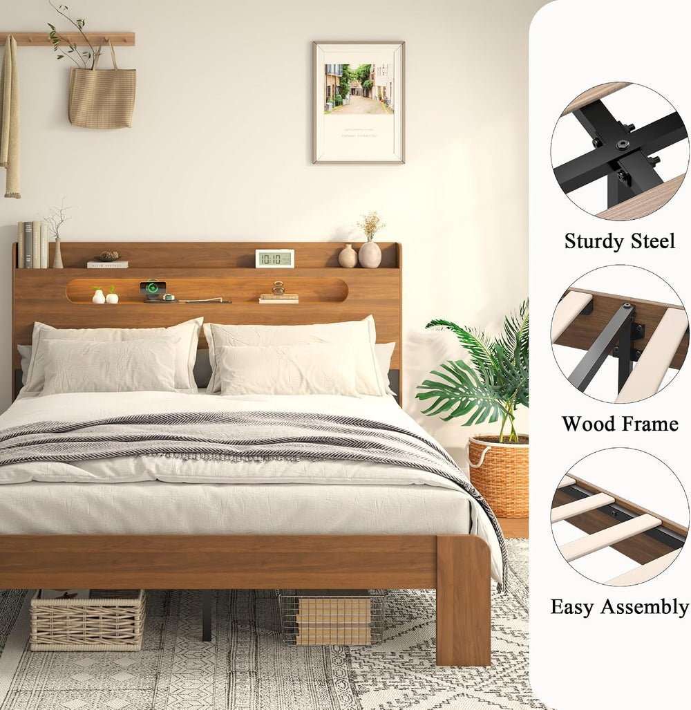Wooden Queen Bed Frame with Storage Headboard, Farmhouse Platform