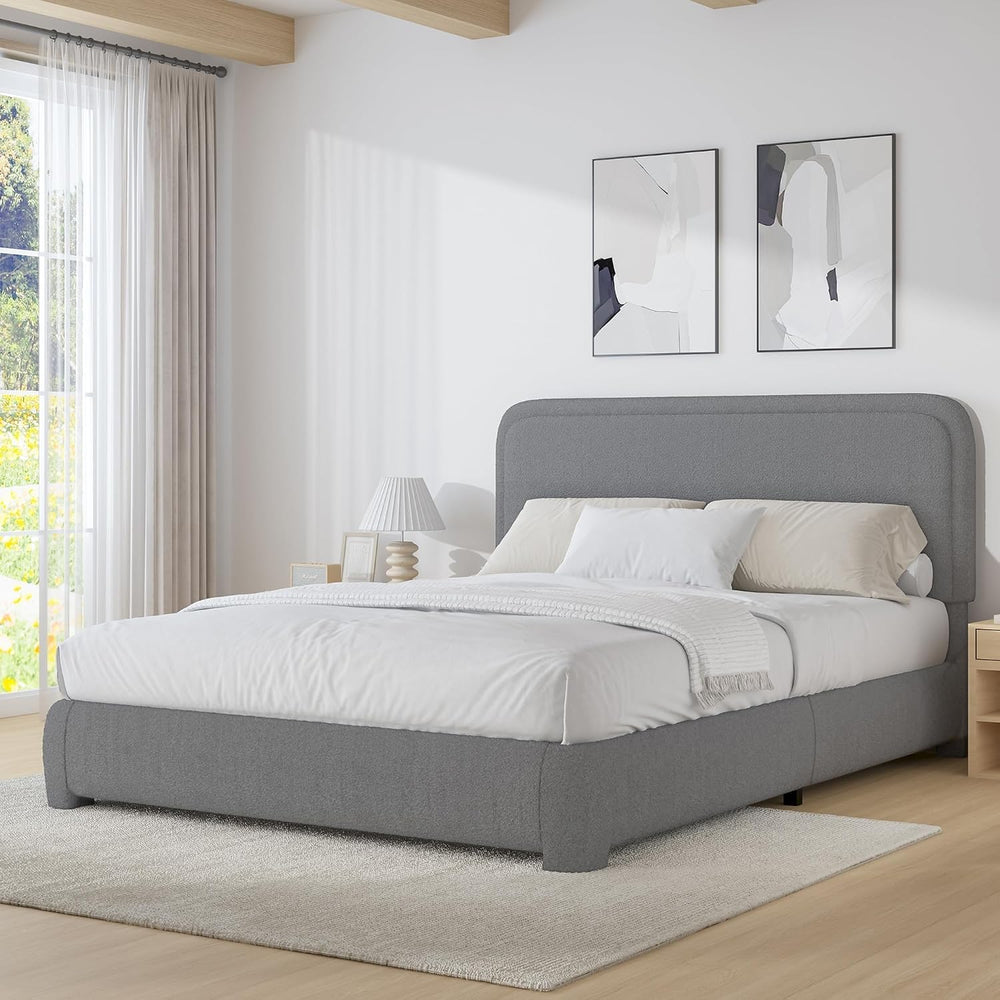 Full Bed Frame, Cloud Boucle Headboard, Low Profile, Light Grey
