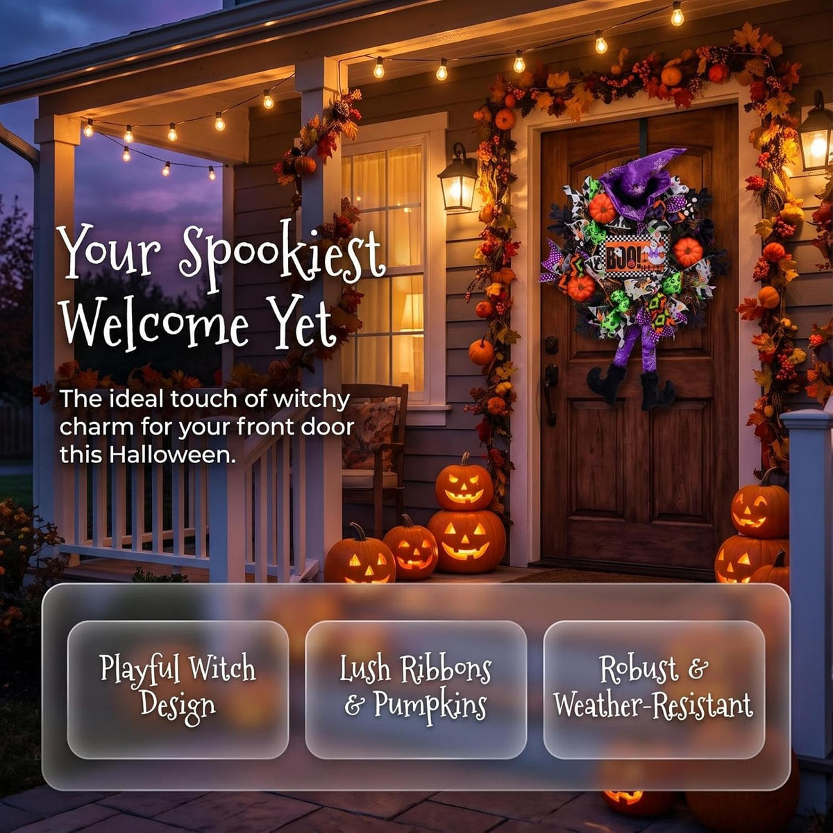 Halloween Wreath for Front Door,20 inch Whimsical mesh Wreath with Witch