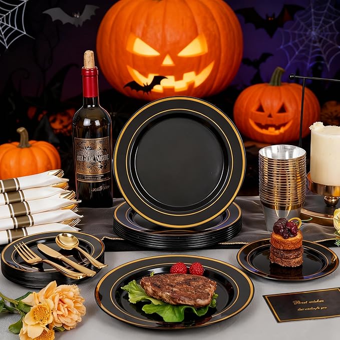 350 Pieces Black and Gold Plastic Plates with Disposable Silverware, Include ...