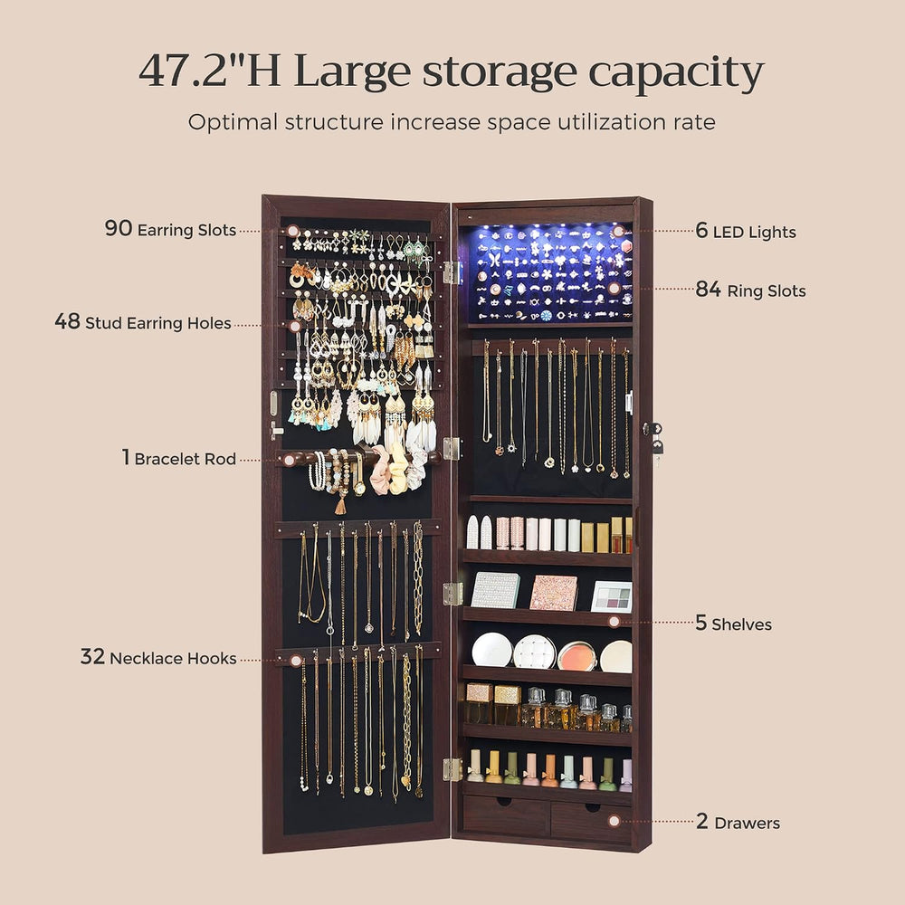 SONGMICS 6 LEDs Mirror Jewelry Cabinet, 47.2-Inch Tall, Lockable