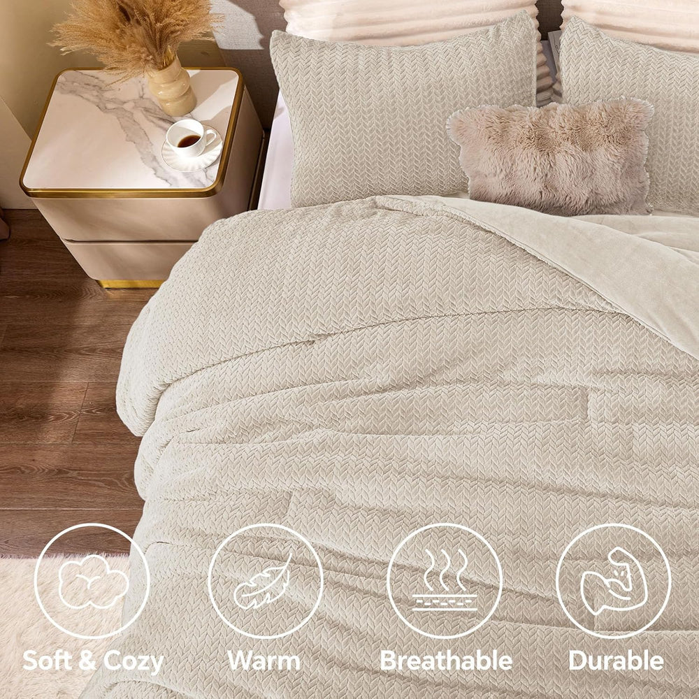 ChiXpace Fleece Full Size Comforter Set Linen, Fluffy Bed Set 3 Pieces
