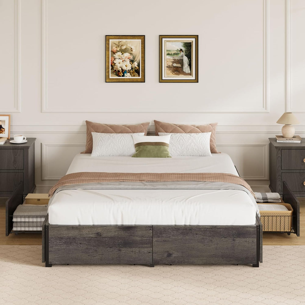 LIKIMIO Queen Bed Frame with 4 Storage Drawers, Charcoal Grey