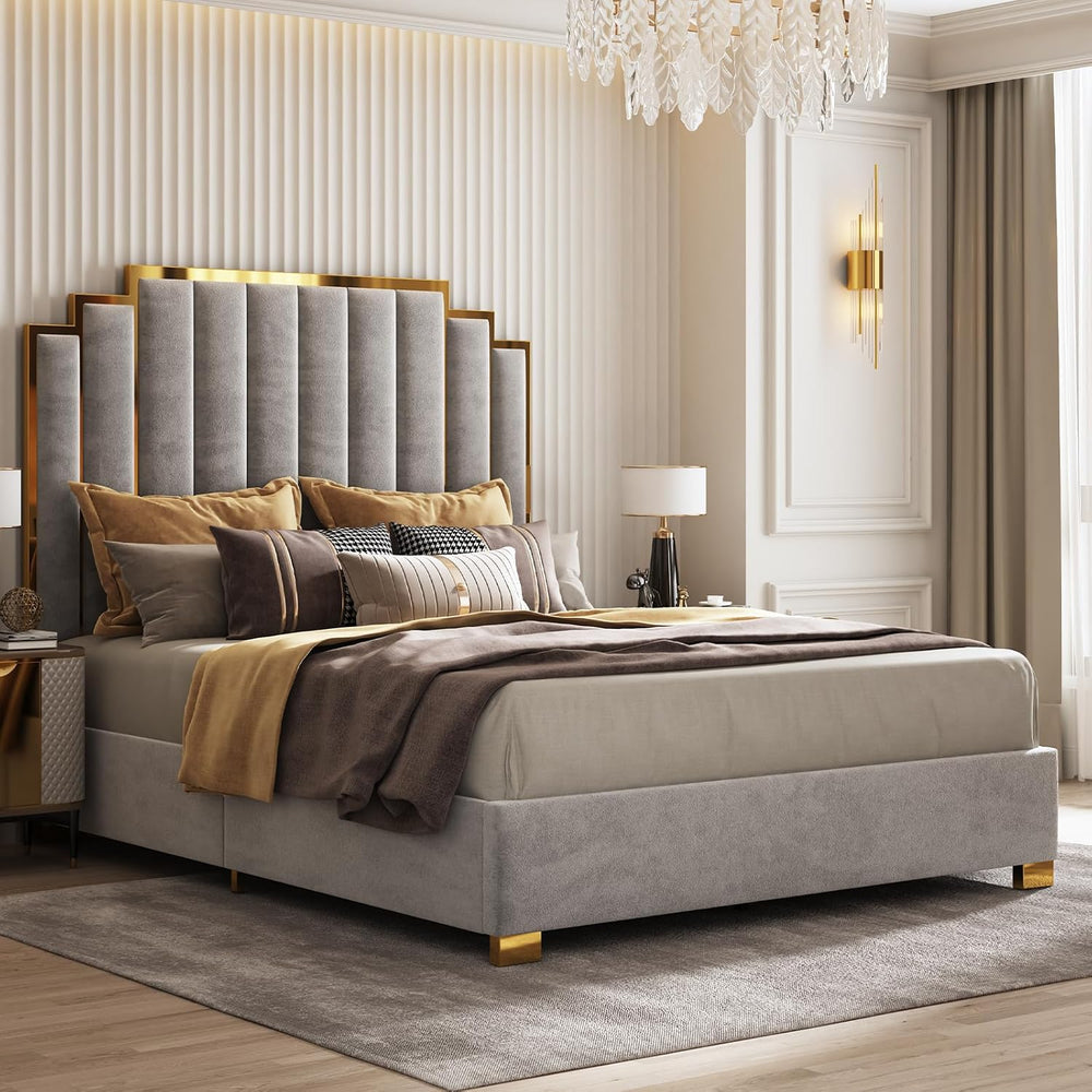 AMERLIFE King Size Velvet Upholstered Bed with Gold Trim Headboard, Grey