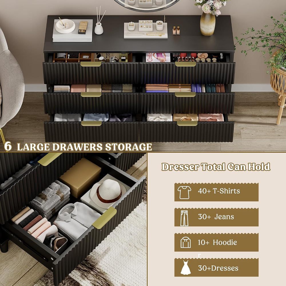Lulive Wood 6 Drawers Dresser, 53.2" W Fluted Modern Dressers for Bedroom