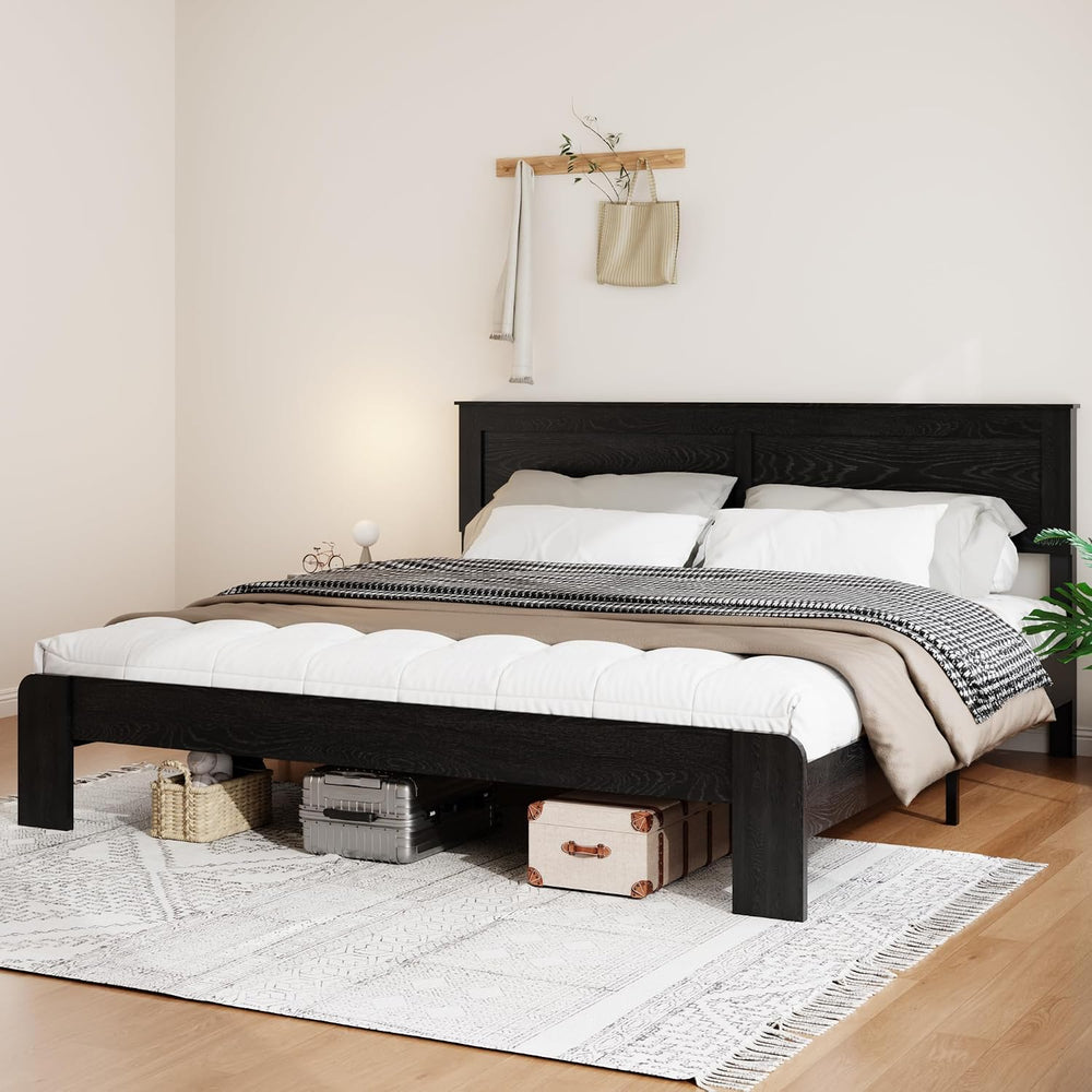 Wooden Bed Frame King Size with Headboard, Farmhouse Platform Bed
