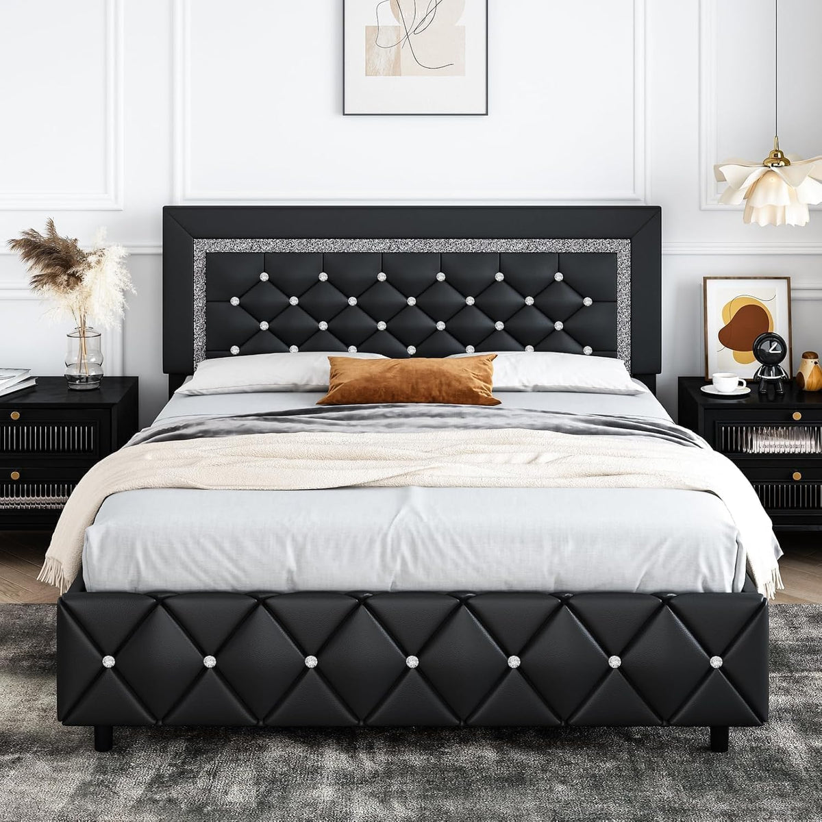 hombck full size bed frame, upholstered platform bed, view 9