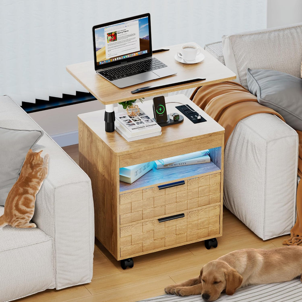 Lareth Rolling Nightstand with Wheels, LED Lights, Charging Station