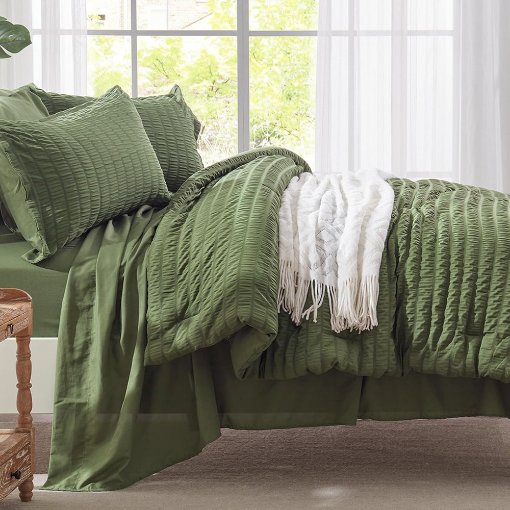 Queen Comforter Set 7 Piece, Green Bed in a Bag Queen Bedding Sets